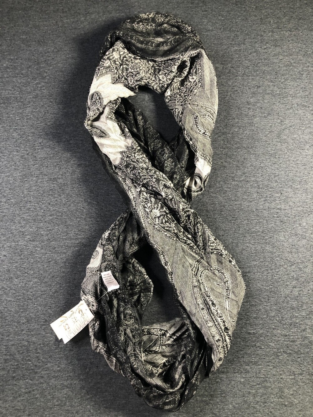 Elegant Black & Gray Paisley Infinity Scarf NWT